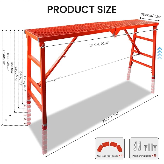 Foldable Scaffolding Platform, 70.8x15.2x36.2-62 Inch Portable Work Platform, 770 Lbs Capacity, Adjustable Height Industrial Step Ladders, Ideal for Painting, Wiring and Home Decor, Red