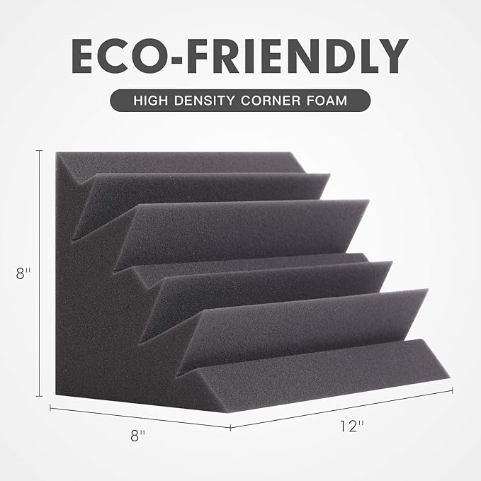 8 Pack - Bass Traps Acoustic Foam Corner, 8''x8''x12'' Black Bass Traps Corner Studio Foam, High Density and Fire-Proof Acoustic Panels Recording Studio Acoustical Treatments