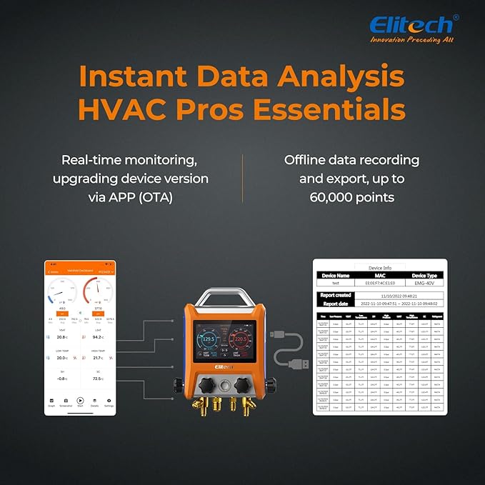 Elitech Digital 4 Valve Manifold Gauge HVAC with Refrigerant Hoses, Vacuum Micron Gauge, Thermometer Clamps, OTA Upgrade, Wireless APP Control, EMG-40VPro