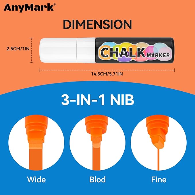 AnyMark 8 Colors Window Chalk Markers, 15mm 3-In-1 Jumbo Wide Nib Chalk Marker, Dust-Free & Non-Toxic, Erasable Chalk Markers for Blackboards, Rock Painting, Poster, Stone, Ceramic, Glass