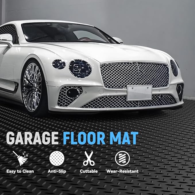4x6 FT Garage Floor Mat, 2.8mm Thickened PVC Flooring Roll for Under Car, Golf Cart Parking Mat, Diamond Plate Black Motorcycle Mat for Warehouse, Basement, Gyms, Trailer（Included Tapes）