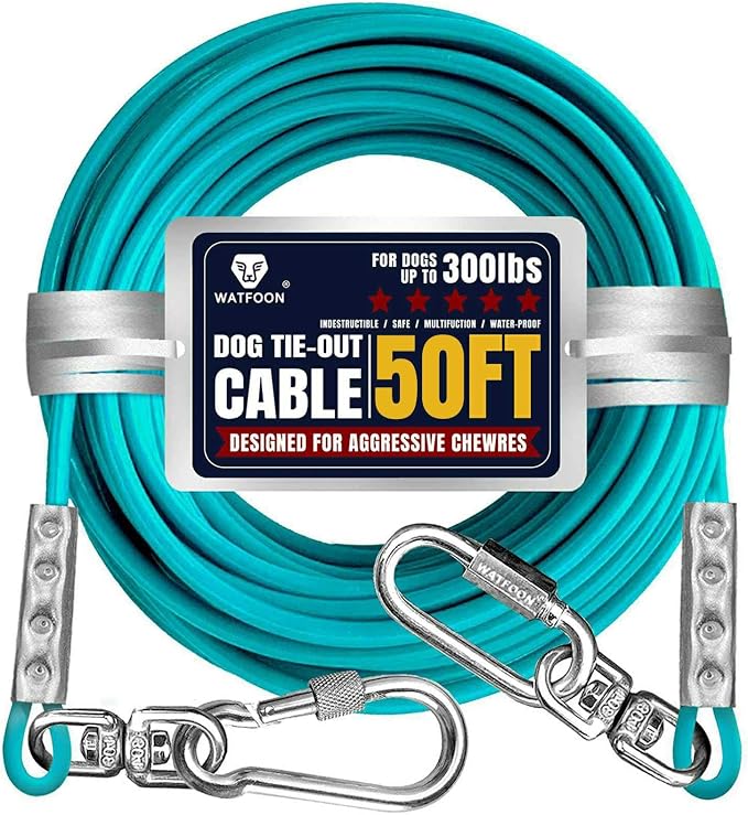Tie Out Cable for Large Dog Runner for Yard, Pet Run Leash Heavy Duty Swivel Hooks Lead Holds Break Strength of 1000lbs, Steel Wire Dog Chain Leash Cable for Yard (Turquoise 50FT)