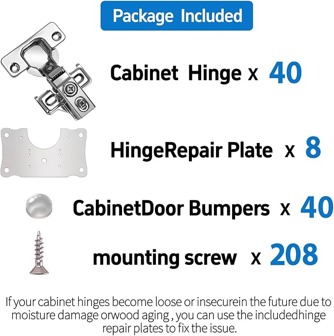 Cabinet Hinges - 40 Pack for 1/2 inch Overlay Cabinet, Face Frame Concealed 105Deg Self Closing Hinges, Stainless Soft Close Cabinet Door Hinges with Mounting Screws and Repair Plate