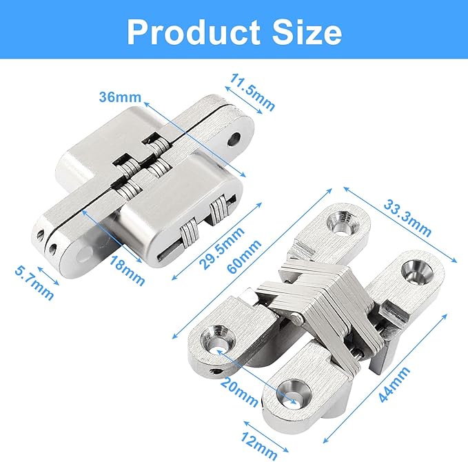 60 mm Hidden Hinge, Stainless Steel 180 Degree Invisible Cross Hinges for Kitchen Cabinet Door, Frameless Concealed Hinge with Screws, 2pcs