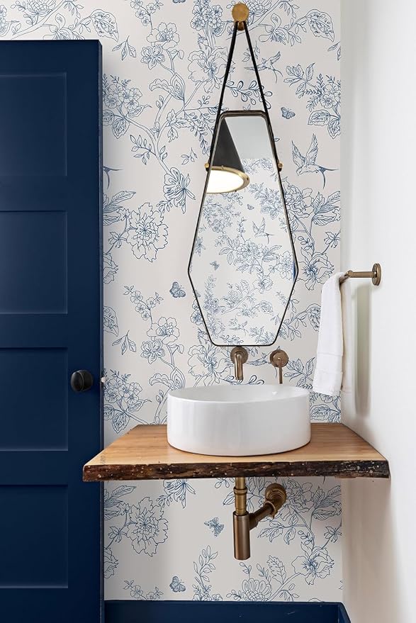 Froluya Cream White and Blue Floral Wallpaper Peel and Stick Wallpaper 17.7"x590.5" Vintage Floral Peel and Stick Wall Paper Removable Boho Self Adhesive Contact Paper for Bedroom Bathroom Vinyl