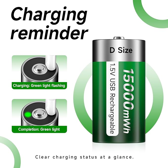 Rechargeable D Batteries 8 Pack, 15000mWh Rechargeable D Cell Battery with 4-in-1 USB-C Charging Cable, 1.5V Batteries D Size for Floodlight Toys, Water Heater, Gas Stove