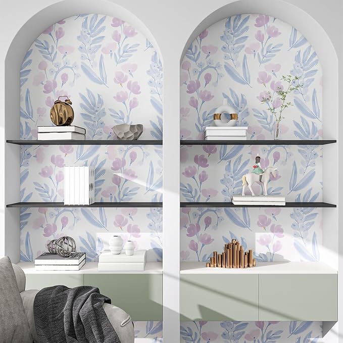 Floral Peel and Stick Wallpaper, Purple, 17.7"x393" | Self-Adhesive, Vinyl, Removable, Boho Contact Paper, Flower Wall Paper for Bedroom, Living Room, Bathroom