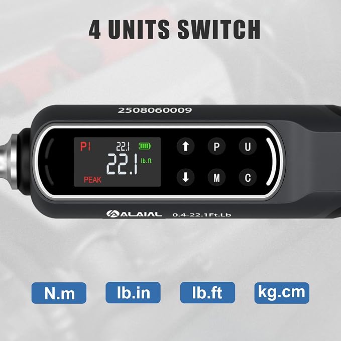 Digital Torque Wrench 1/4 Drive, 0.4-22.1 Ft.Lb ±2% Accuracy | LED Display, Buzzer&Vibration Alert, 2 Modes, 10 Presets&500 Data Logs, for Lug Nuts, Automotive, Motorcycle Repair