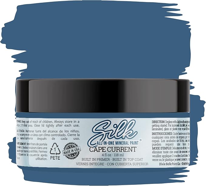 Dixie Belle Silk All-in-One Mineral Paint - Cape Current (4oz) - Sapphire Blue Water Based Built-In Primer + Topcoat for Wood + Metal - Durable Furniture Paint - Low Reflective Finish