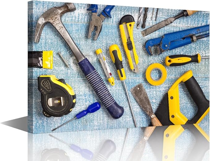 1 Panels Wall Art for Office Wall Art Repairman Maintenance and Housework Project Tools on Workshop Desk Top View Picture Canvas Print Artwork Home Study Repair Shop Wall Decor Poster ((16"Wx24"H)