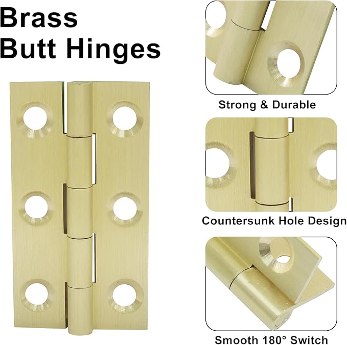 Murtenze 4 Pcs 2 Inch Mini Solid Brass Hinges，Brass Cabinet Hinges Small Box Hinges Butt Hinges for Cabinet, Drawer, Wood Box
