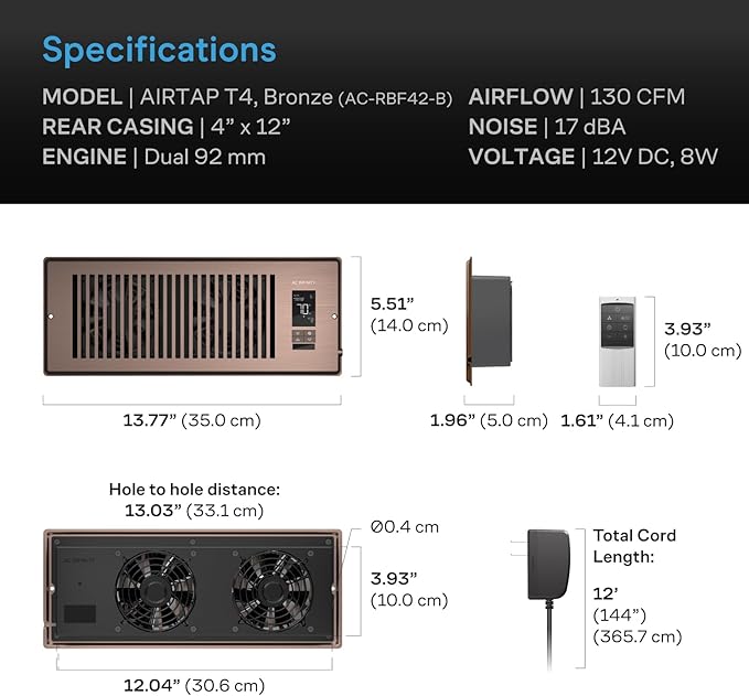 AC Infinity AIRTAP T4 Bronze, Register Booster Fan for 4” x 12” Vents, Thermostat Control Improves Heating & Cooling, Quiet 10-Speed Remote Control & Bluetooth App. ONLY FITS 4” x 12” Duct Openings