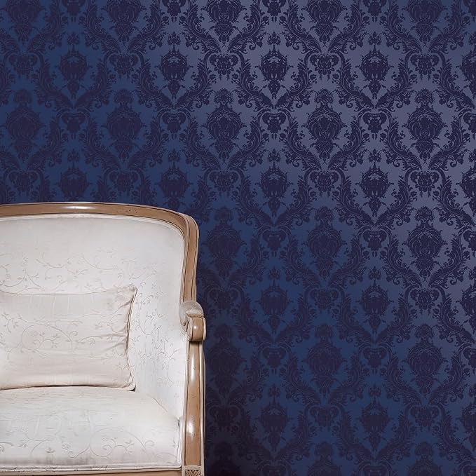 Tempaper Textured Metallic Blue Damsel Removable Peel and Stick Damask Wallpaper, 20.5 in X 16.5 ft, Made in the USA
