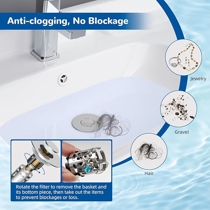 Hibbent 3 Pack Upgraded 3 in 1 Bathroom Sink Drain Strainer, Universal Pop Up Stopper with Removable Stainless Steel Filter Basket Hair Catcher, Sink Plug for 1.1''~2.36'' Basin, Brass Core, Chrome