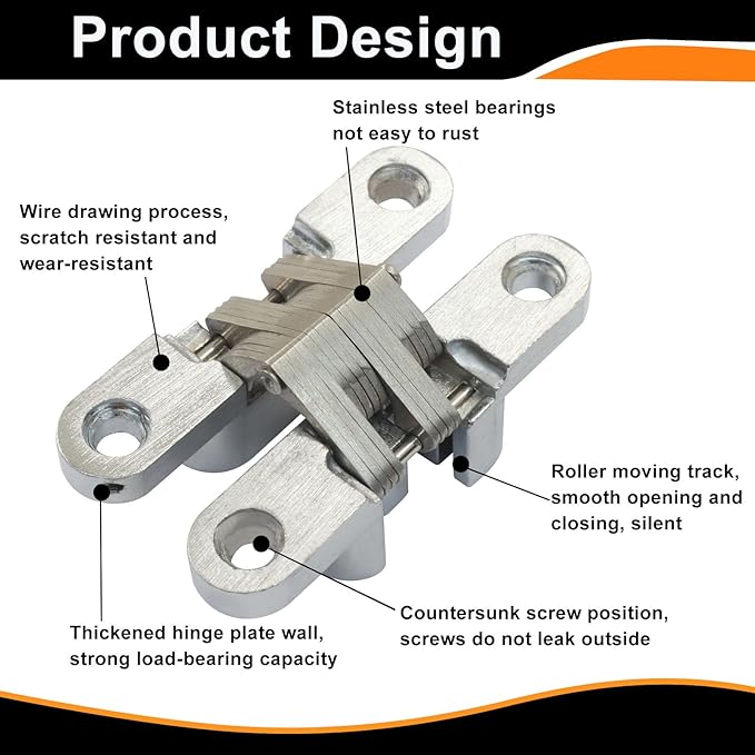 Murtenze 4 Pack Hidden Hinges, 2.36" Stainless Steel Cross Invisible Swing Hinges, 180 Degree Concealed Cross Hinge for Kitchen Cabinet Door