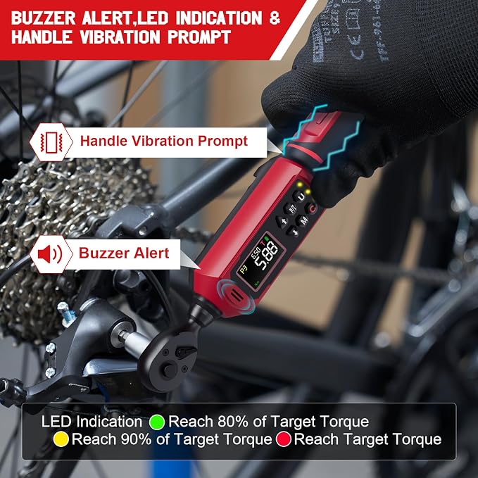 1/4" Digital Torque Wrench, 0.33-22.1Ft.Lb/0.45-30N.m, for Bicycle | ±1% Accuracy Electronic Torque Wrench with Vibration/Buzzer/LED Flash, 9 Presets & 5 Units, for Carbon Bike & Moto Assembly