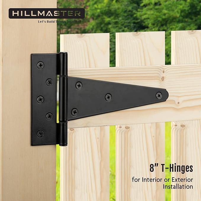 HILLMASTER 8 Inch T-Strap Heavy Duty Shed Door Hinges Gate Strap Hinges Black Tee Hinge Wrought Hardware for Wooden Fences,Yard,Barn Door,Rustproof (2 Pack)