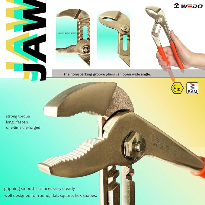 WEDO 12"Groove Joint Pliers,Tongue-and-Groove Pliers,Aluminum Bronze,Length 300mm,Max jaw opening 55mm,DIN Standard, BAM & FM Certificate