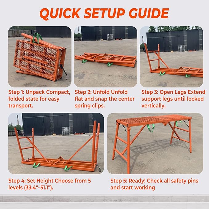 70" Folding Scaffolding Platform, 770lbs Heavy Duty Portable Work Platform with Adjustable Legs for Stairs & Uneven Ground, Multi-Purpose Scaffold Ladder, Welding Table, Red