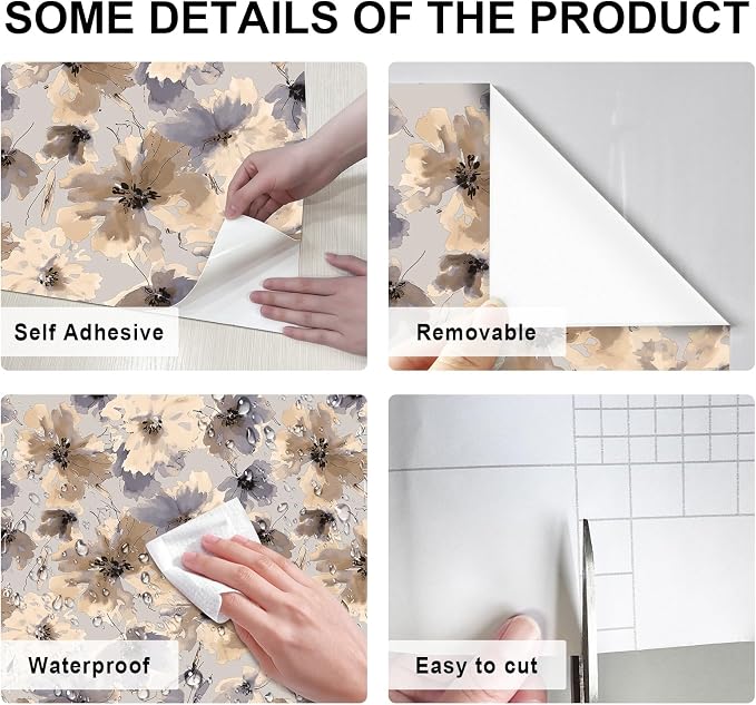 Purple Watercolor Floral Peel and Stick Wallpaper, 393" x 17.3" Vintage Removable Waterproof Self Adhesive Wall Paper, Brown Flower Contact Paper Peel and Stick for Classroom Cabinets 48.5 sq.ft