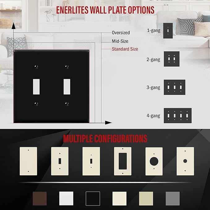 ENERLITES Double Toggle Switch Cover, Two Gang Light Switch Wall Plate, Standard Size 2-Gang 4.5" x 4.5", Unbreakable Polycarbonate Thermoplastic, UL Listed, 8812-BK, Black