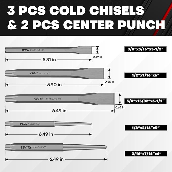 C&T 16-Piece Punch and Chisel Set with Storage Pouch, Including Taper Punch, Cold Chisels, Pin, Center Punch, Chrome Vanadium Steel