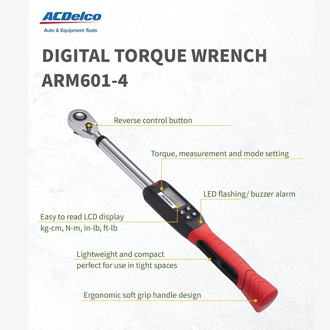 ACDelco ARM601-4 1/2” (14.8 to 147.5 ft-lbs.) Heavy Duty Digital Torque Wrench with Buzzer and LED Flash Notification – ISO 6789 Standards with Certificate of Calibration