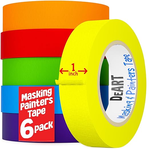 DEART Colored Masking Tape Painters Tape Writable 12, 8 or 6 Pack - 1 inch or 0.6 Inches for Arts & Crafts, Art Supplies, Whiteboard Tape Dry Erase Board Tape Craft Supplies (6, Large (20 Yd))