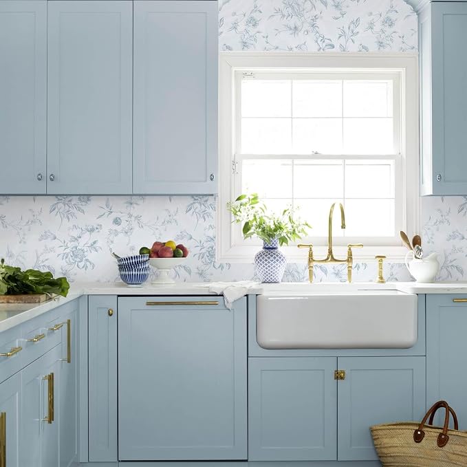 Ismoon Blue Wallpaper Peel and Stick Floral Vintage Stick on Wall Paper French Textured Contact Paper for Cabinet Removable Self Adhesive Wallpaper Vinyl Roll Shelf Deco, 17.3x196in