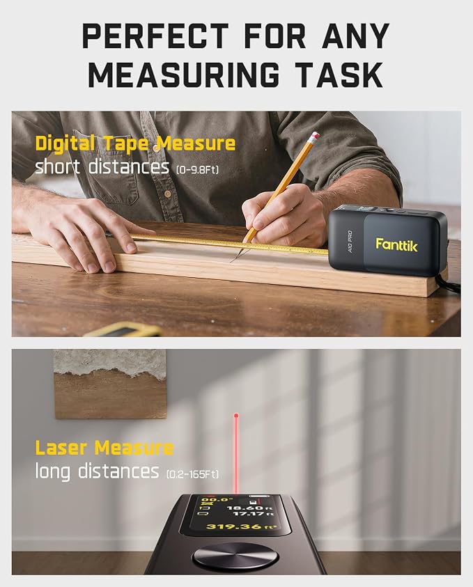 Fanttik A10 Pro 2-in-1 Digital Laser Tape Measure with HD IPS Color Display, 165Ft Rechargeable Laser Measurement Tool & 9.8Ft Measuring Tape, 6 Units Selectable, for Distance/Area/Volume