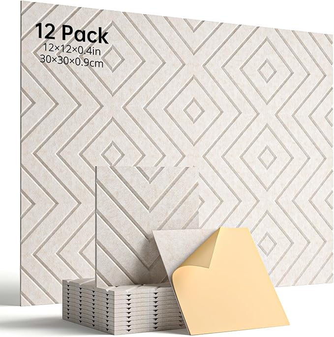 Sound Proof Foam Panels for Walls, 12 Pack Self-Adhesive Acoustic Panels, 12" X 12" X 0.4" Soundproof Wall Panels for Door, Ceiling, Home Office Beige
