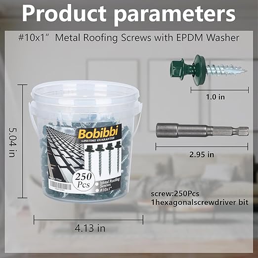 Metal Roofing Screws 10 x 1 inch, Green Hex Head Sheet Metal Roof Screw with EPDM Washer for Corrugated Roofing (250Pcs)