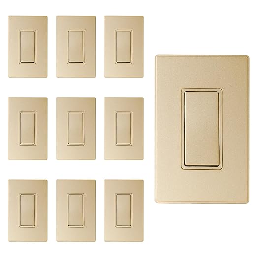 ELEGRP Matte Champagne Gold 3 Way Decorator Light Switch, 15A 120-277V, Paddle Rocker Switch Replacement, On/Off Wall Switch, Self-Grounding, Residential Grade, with Mid Wall Plate, UL/CUL, 10 Pack