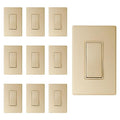 ELEGRP Matte Champagne Gold 3 Way Decorator Light Switch, 15A 120-277V, Paddle Rocker Switch Replacement, On/Off Wall Switch, Self-Grounding, Residential Grade, with Mid Wall Plate, UL/CUL, 10 Pack