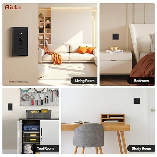 AIDA 4 Pack Single Pole Toggle Light Switch, 15 Amp, 120 Volt, Toggle Framed AC Quiet Switch, in Wall On/Off Switch Replacement, Self-Grounding, Residential and Commercial Grade, UL,Glossy Black