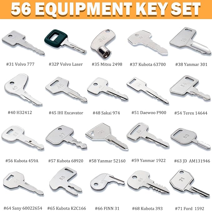 56 Premium Heavy Equipment Keys Master Set Original Construction Machine Ignition Keys Fits Cat Caterpillar JCB Case John Deere Komatsu Kubota Yanmar Linde Takeuchi Ford Holland Volvo