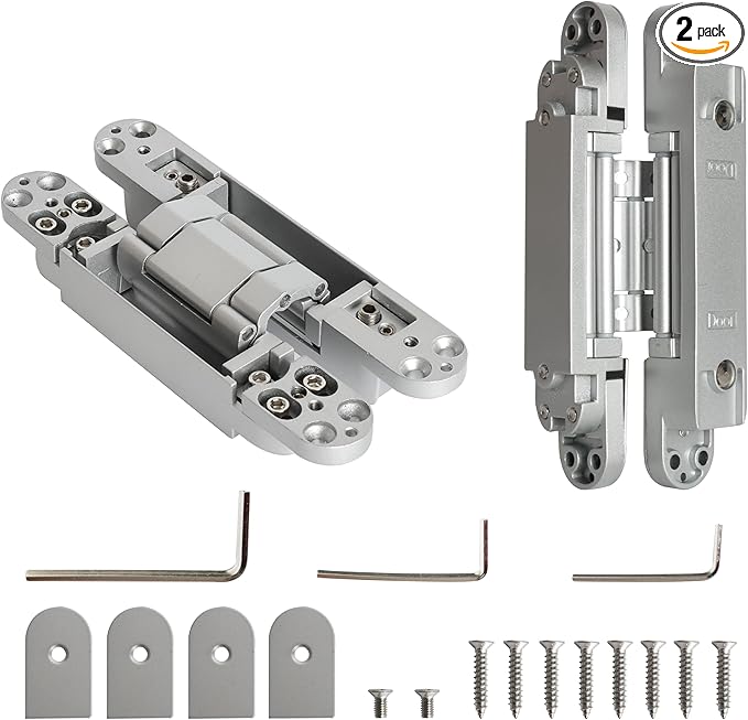2-Pack 7 inch Silver Hidden Door Hinges,Heavy Duty Zinc Alloy Concealed Hinges, Invisible 180 Degree Swing Hinge, 3 Way Adjustable Butt Hinge