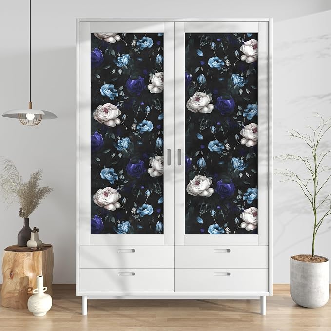 Gothic Dark Blue Rose Floral Wallpaper Peel and Stick 17.5"x118" | Self Adhesive/Removable/Waterproof/Thick Vinyl Vintage Contact Paper for Bathroom Bedroom Shelf Cabinet Drawer,Prepasted