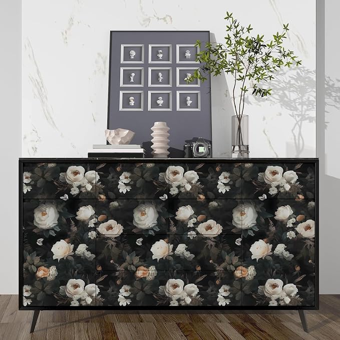 Fvlow Black White Floral Peel and Stick Wallpaper 17.4" x 394" | Renter Friendly, Removable & Waterproof, Vinyl Easy Install for Bedrooms, Bathrooms, Kitchens, Cabinets and Home Decor