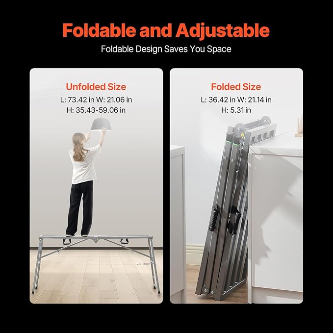 VEVOR Work Platform, 71"x 15" Portable Scaffolding Platform, Folding Steel Step Ladder Adjustable Height 35.4”-59.1”, 800 lbs Load Capacity, Non-Slip Drywall Painting Stool for Cleaning &Washing