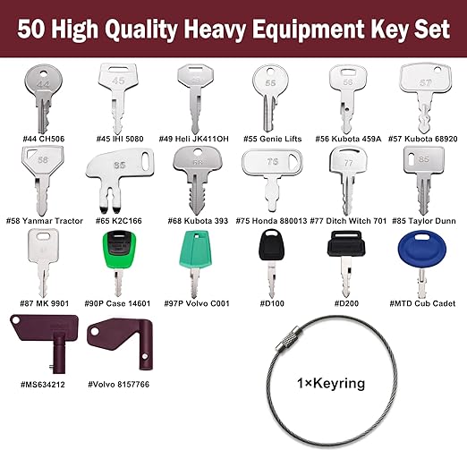 50 Equipment Keys Master Set Ignition Keys for Kubota JCB Cat Yanmar Honda Ditch Witch Backhoes Excavators Forklifts Loaders Tractors Bullozers and Other Construction Equipments