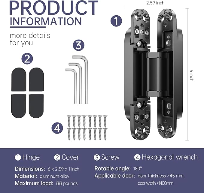 6" Hidden Hinges for Doors Invisible Hinge Concealed Hinges Zinc Alloy 180 Degree Swing Hinge 3 Way Adjustable Butt Silent Door Hinges 6 x 2.5 x 1 inch (Black Pack of 2)