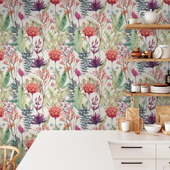 Watercolor Purple/Red/Green Grass Wildflower Floral Peel and Stick Wallpaper Wall Decor Self Adhesive Wall Paper Stick on Easy Peel Off Contact for Renter Apartment