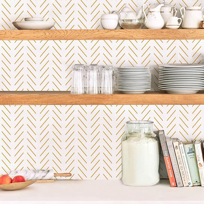 Erfoni Yellow White Peel and Stick Wallpaper Modern Herringbone Wallpaper | 17.7in x 196.8in Geometric Removable Contact Paper Bathroom Peel and Stick Self Adhesive Cabinets Wallpaper Waterproof