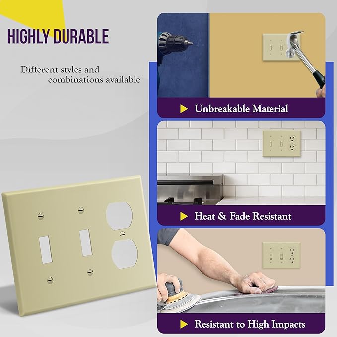 ENERLITES Combination Triple Gang Wall Plate, Double Toggle Switch/Single Duplex Receptacle Cover Plate, Standard Size 3-Gang 4.5" x 6.38", Polycarbonate Thermoplastic, 881221-I, Ivory