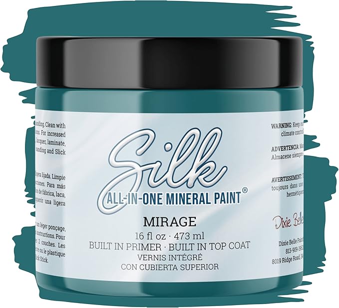 Dixie Belle Silk All-in-One Mineral Paint - Mirage (16oz) - Calm Blue-Green Water Based Built-In Primer + Topcoat for Wood + Metal - Durable Furniture Paint - Low Reflective Finish