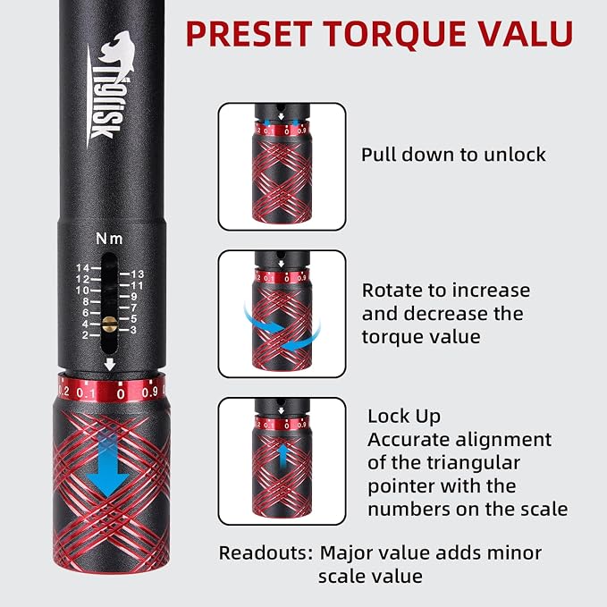 Tigrisk® 1/4 Drive Bike Torque Wrench, Preset Torque 2-14Nm, ±4% Precision | Individually calibrated with unique certificate. 0.1Nm adjustment, click stop, Hex/Torx bits for road, MTB and carbon bikes.