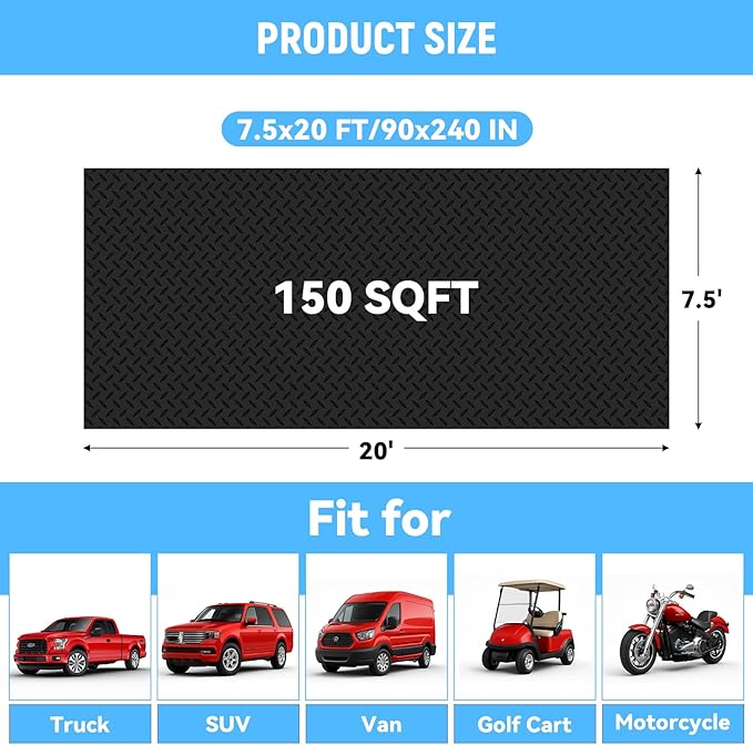 7.5x20 FT Garage Floor Mat, 2.8mm Thickened PVC Flooring Roll for Under Car, 150 SQFT Diamond Plate Black Garage Mats for Garage, Warehouse, Basement, Gyms, Trailer（Included Tapes）