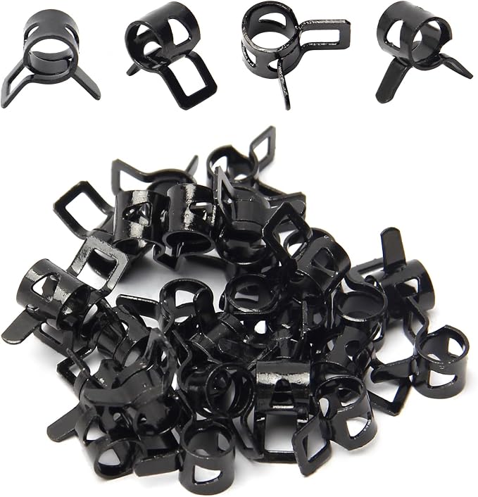 100pcs 0.28" ID Constant Tension Band Hose Clamps, 7mm Spring Band Type Action Hose Clamp Manganese Steel Fuel Line Clamp Low Pressure Air Clip Clamp for Fuel Hose Line Water Pipe Air Tube black