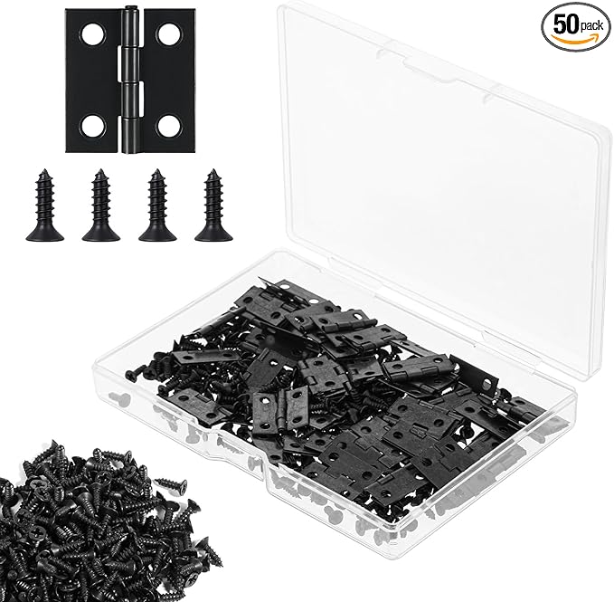 50 Sets Small Hinges with Screws, 18 X 15mm Black Metal Mini Hinges for Crafts Jewelry Box Hinge with 200 Screws, Retro Jewelry Folding Butt Tiny Hinge Hardware for DIY Crafts Wood Picture Frame